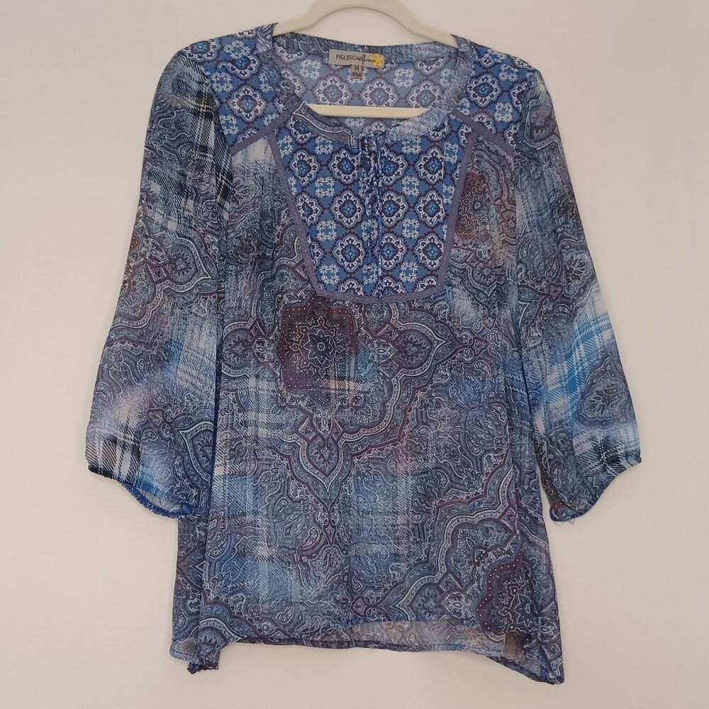 Women's Figueroa & Flower Sheer Blue‎ Country meets Boho Patchwork design Sz Med